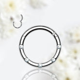16G Silver Round Hinged Septum Clicker Ring with Multiple Clear Gems